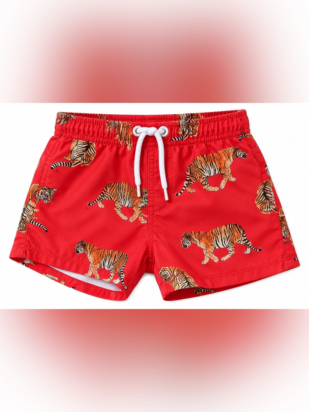 Red Tiger-Print Kids Swim Trunks with Drawstring